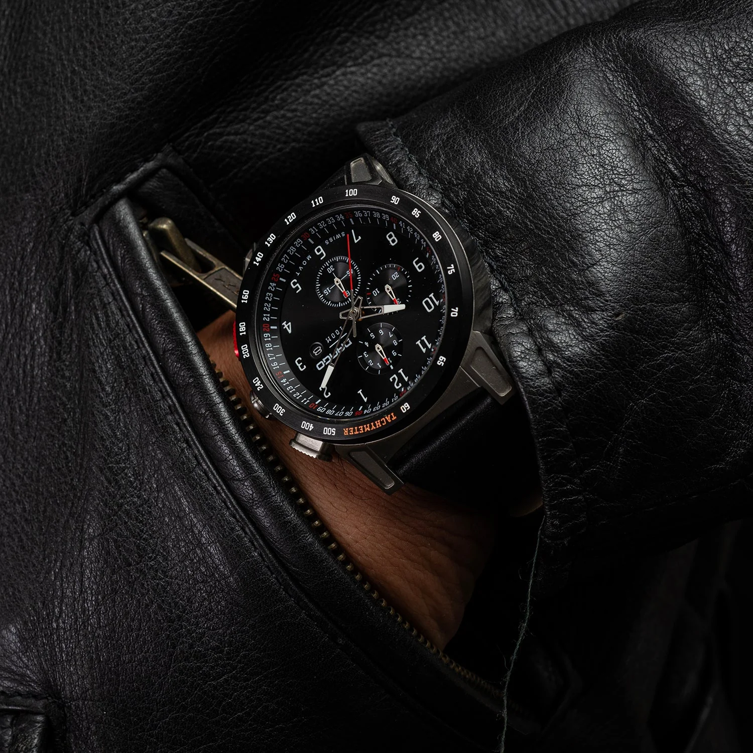 CR-01 - Chrono Watch with Italian Leather Strap - Jet Black - Image 11
