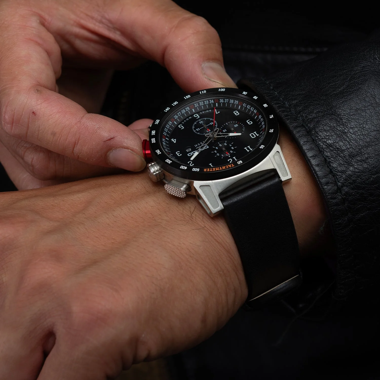 CR-01 - Chrono Watch with Italian Leather Strap - Jet Black - Image 12
