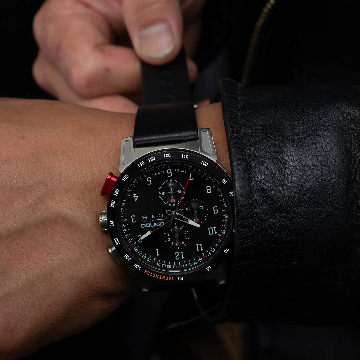 CR-01 - Chrono Watch with Italian Leather Strap - Jet Black - Image 9